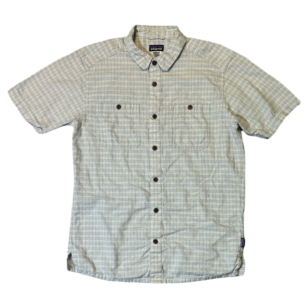 Patagonia mens M Medium light blue check hemp organic cotton button up shirt EUC
